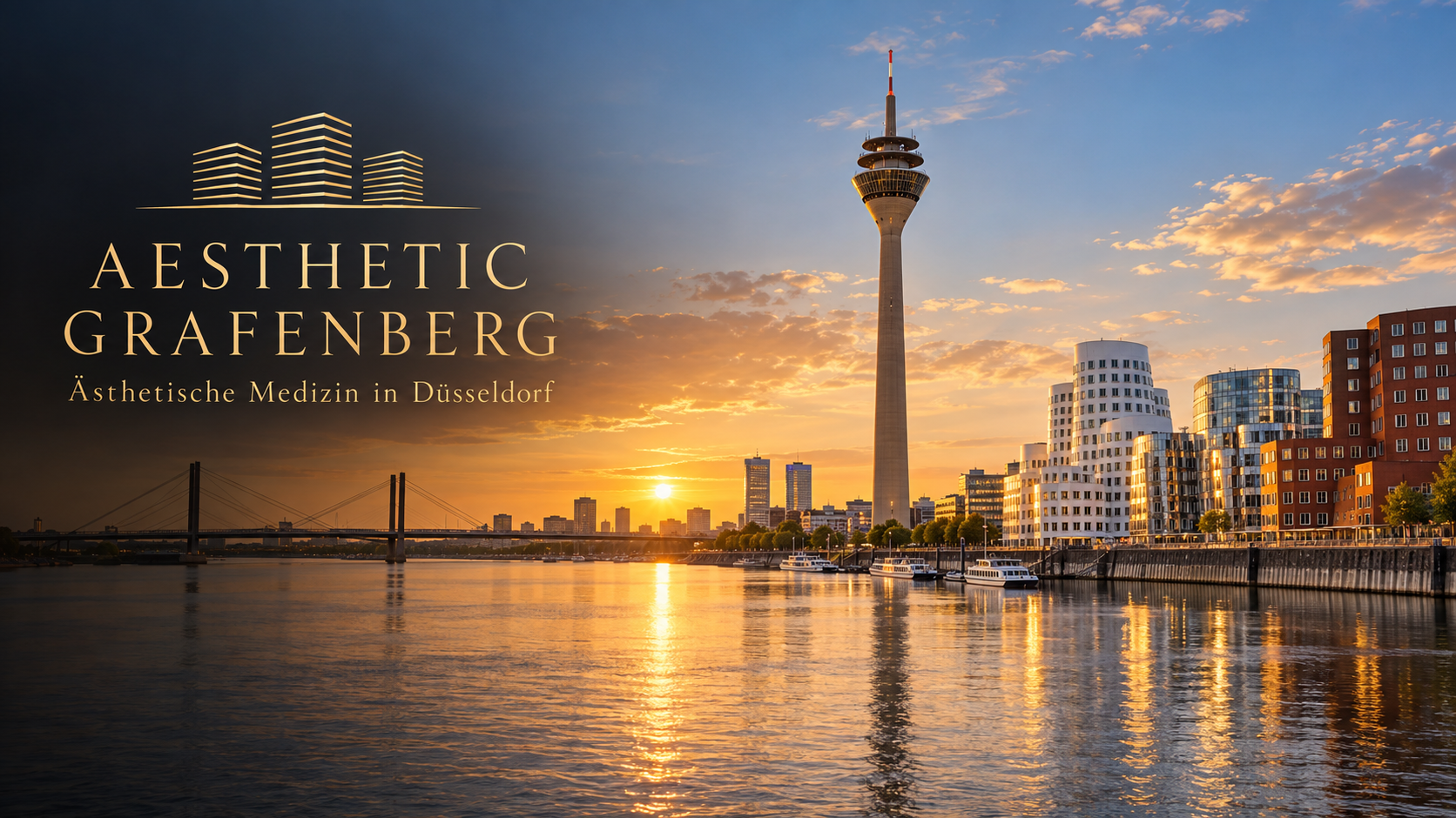 Werbemotiv für AESTHETIC GRAFENBERG: Düsseldorfer Medienhafen, Rheinturm und Rhein im goldenen Abendlicht