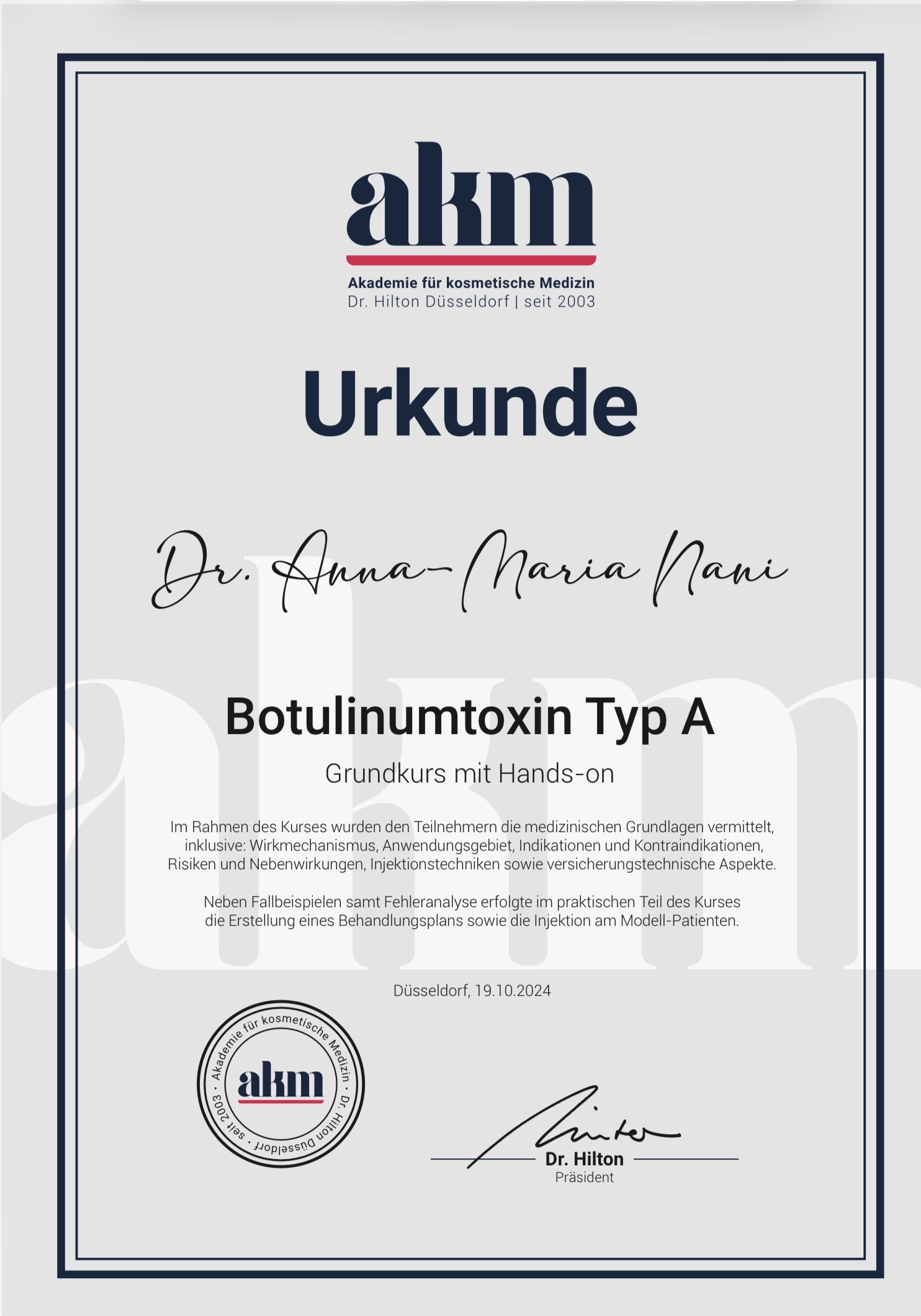 Fortbildungsnachweis Anna-Maria Nani: Botulinumtoxin Typ A