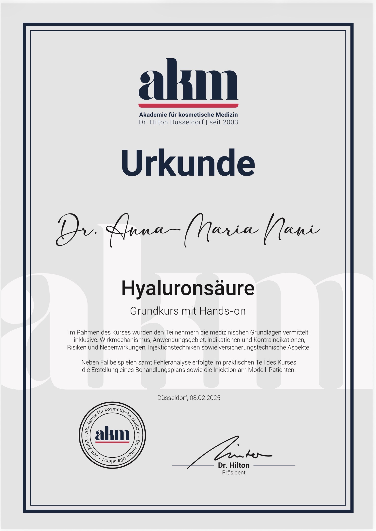 Fortbildungsnachweis Anna-Maria Nani: Hyaluronsäure