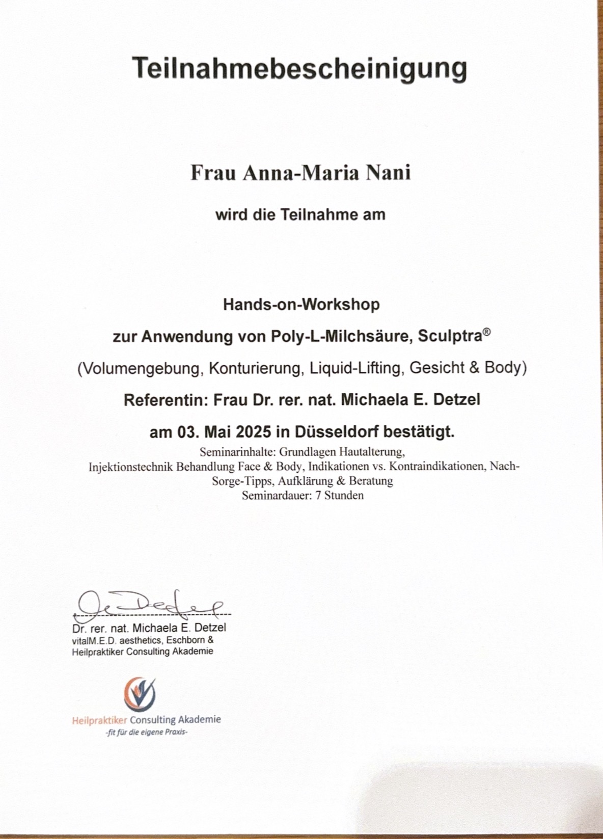 Fortbildungsnachweis Anna-Maria Nani: Sculptra®