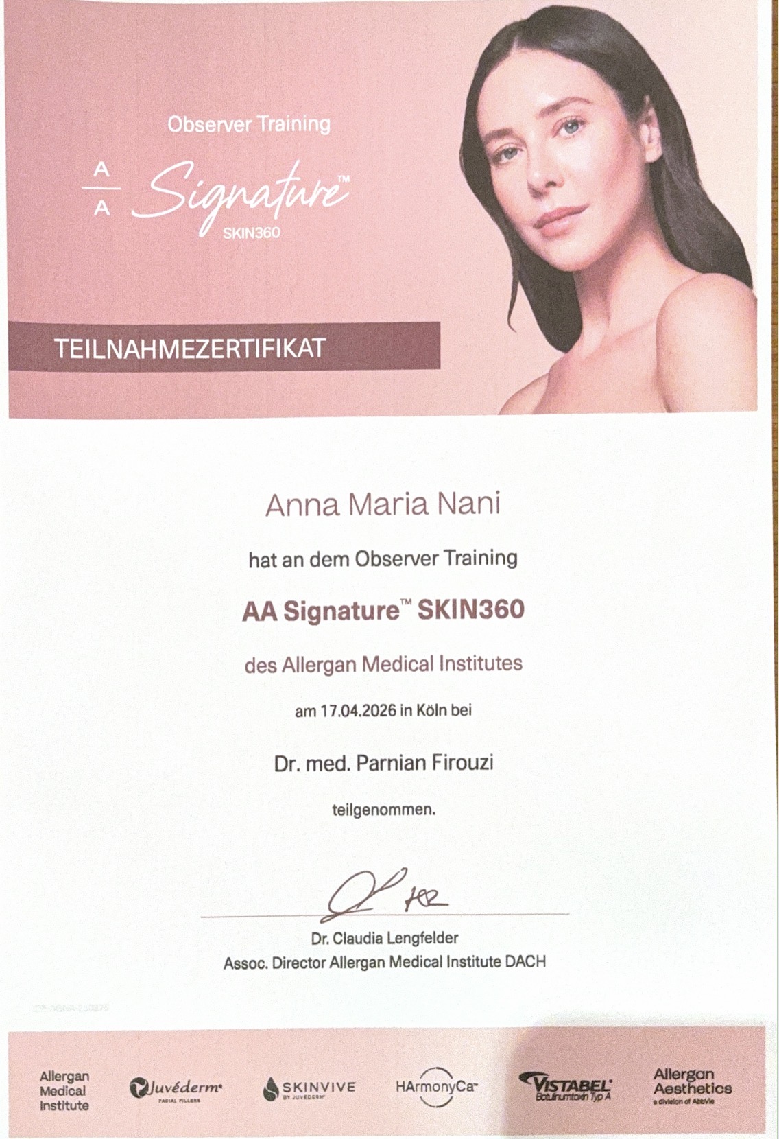 Fortbildungsnachweis Anna-Maria Nani: AA Signature™ SKIN360